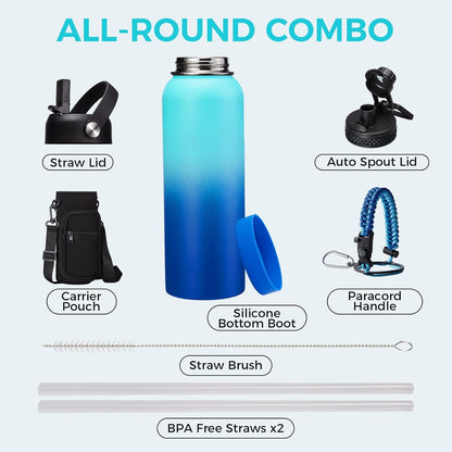 32/40/64OZ Insulated Water Bottle - Keep Cold 48H Hot 24H, Combo Straw/Spout Lids, Paracord Handle for Gym/Hiking, Carrier Bag +Strap, Cup Mat, BPA-Free Stainless Steel Flask Jug