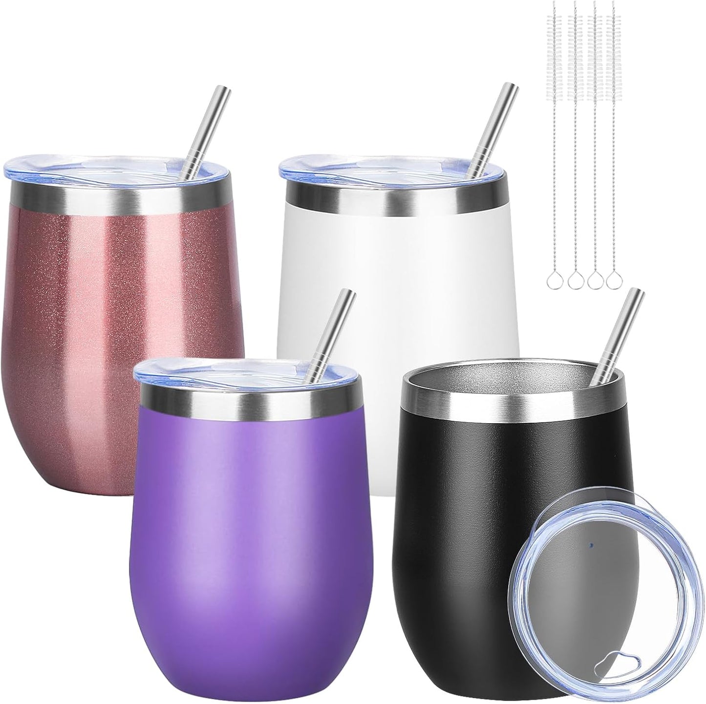 12oz/4 Pack Wine Tumbler Glasses with Lid Stemless Double Wall Vacuum Stainless Steel Travel Tumbler Keeping Cold & Hot for Wine,Coffee,Cocktails,Drinks-Family and Gifts (Multi color-dark)