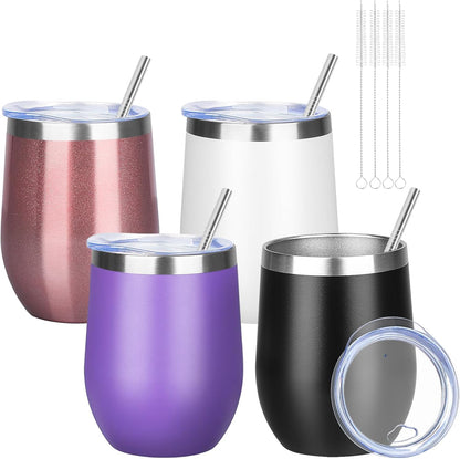 12oz/4 Pack Wine Tumbler Glasses with Lid Stemless Double Wall Vacuum Stainless Steel Travel Tumbler Keeping Cold & Hot for Wine,Coffee,Cocktails,Drinks-Family and Gifts (Multi color-dark)