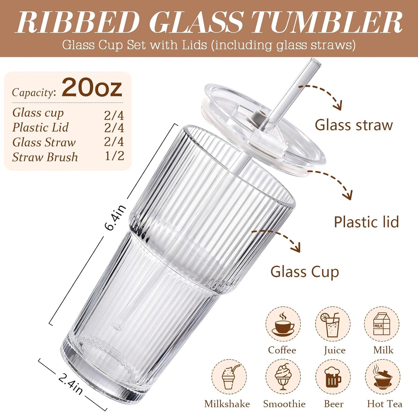 DWTS DANWEITESI Iced Coffee Cups with Lids 2Pcs: Ribbed Glass Tumbler with Straw and Lid 20oz-Vintage Glass Cups with Lids and Straws-Tumbler Leak Proof Aesthetic Drinking for Coffee Bar Accessories