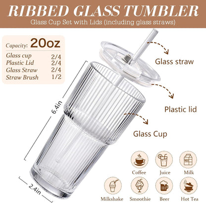 DWTS DANWEITESI Iced Coffee Cups with Lids 2Pcs: Ribbed Glass Tumbler with Straw and Lid 20oz-Vintage Glass Cups with Lids and Straws-Tumbler Leak Proof Aesthetic Drinking for Coffee Bar Accessories