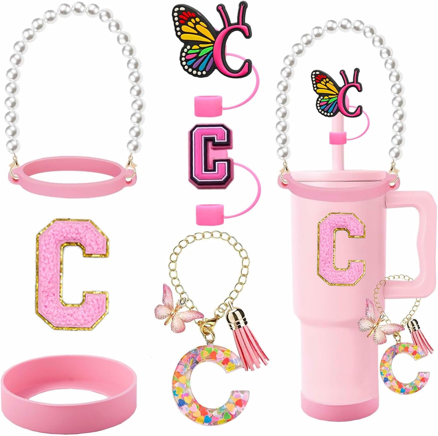 7pcs Cup Accessories for Stanley 30/40oz Tumbler, Handle Strap, Straw Cover, Silicone Boot, Letter Charm Stickers