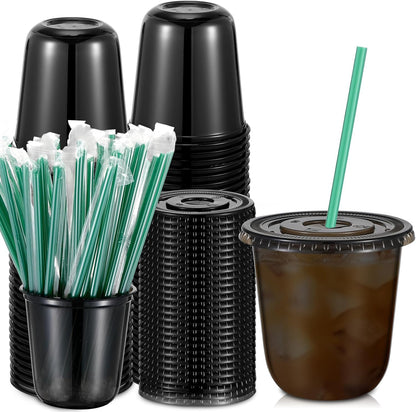 Baderke 25 Set Plastic Cups with Lids and Straws, Disposable Plastic Iced Coffee Cup for Cold Beverage Juice Smoothie Crystal for Coffee Shops Party Catering(Clear,16 oz)
