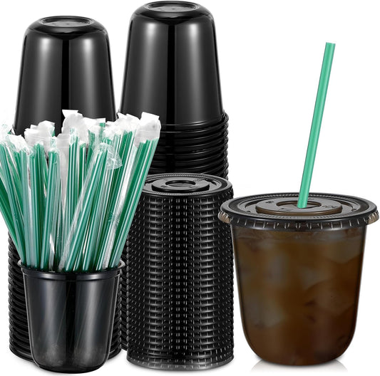 Baderke 25 Set Plastic Cups with Lids and Straws, Disposable Plastic Iced Coffee Cup for Cold Beverage Juice Smoothie Crystal for Coffee Shops Party Catering(Clear,16 oz)