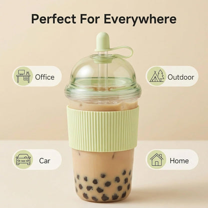 Reusable Ices Coffee Cups with Lids and Straws 17oz, Boba Cup with Straw, Tumbler with Silicone Sleeve for Cold Drinks, Iced Coffee, Bubble Tea Green