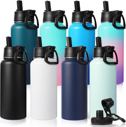 Neihepal 32 oz Insulated Water Bottle with 2 Lids (Straw & Spout Lid), 18/8 Stainless Steel Double Wall Water Bottles for Gym, Travel, Camping, Sports (Silver,1 Pack)