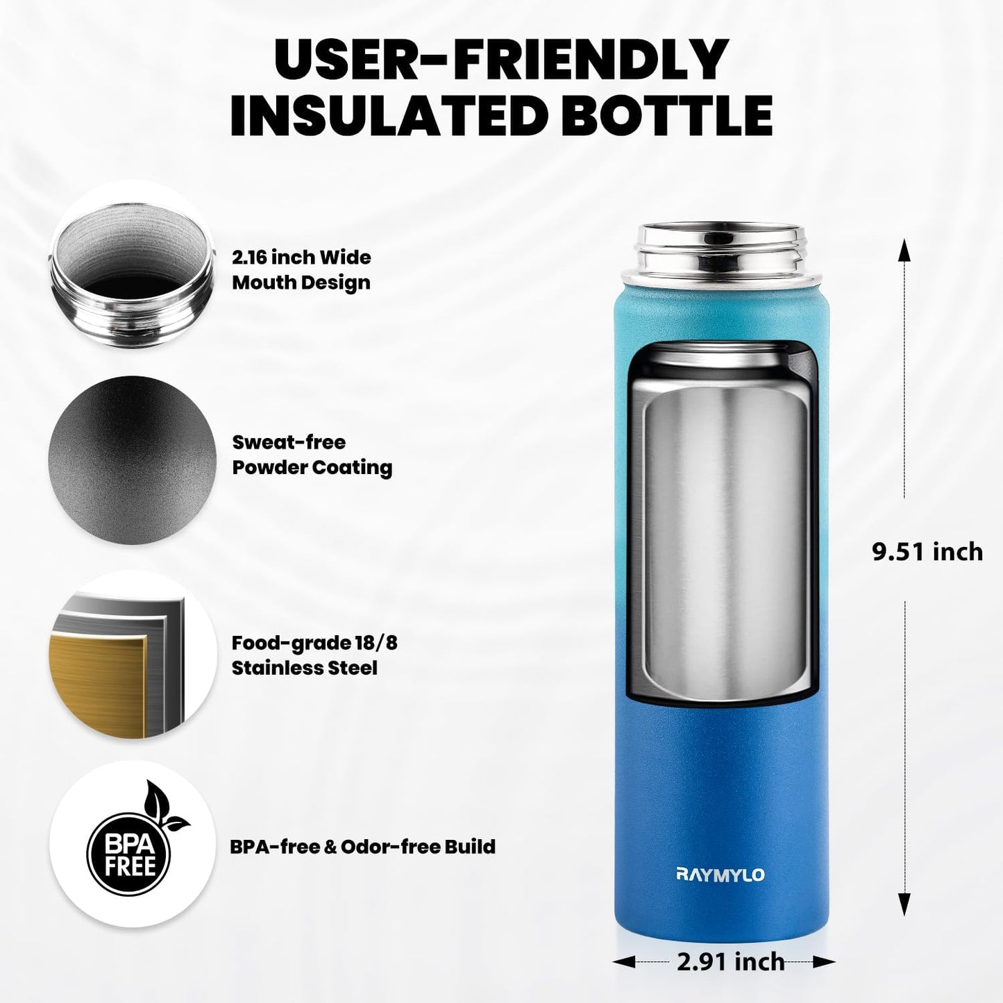 RAYMYLO One Gallon Water Bottle Insulated, Triple Walled Vacuum Stainless Steel (Cold for 48 Hrs), Leak Proof & Non-BPA, Large Water Flask Jug with Paracord Handle & Straw Spout Lids
