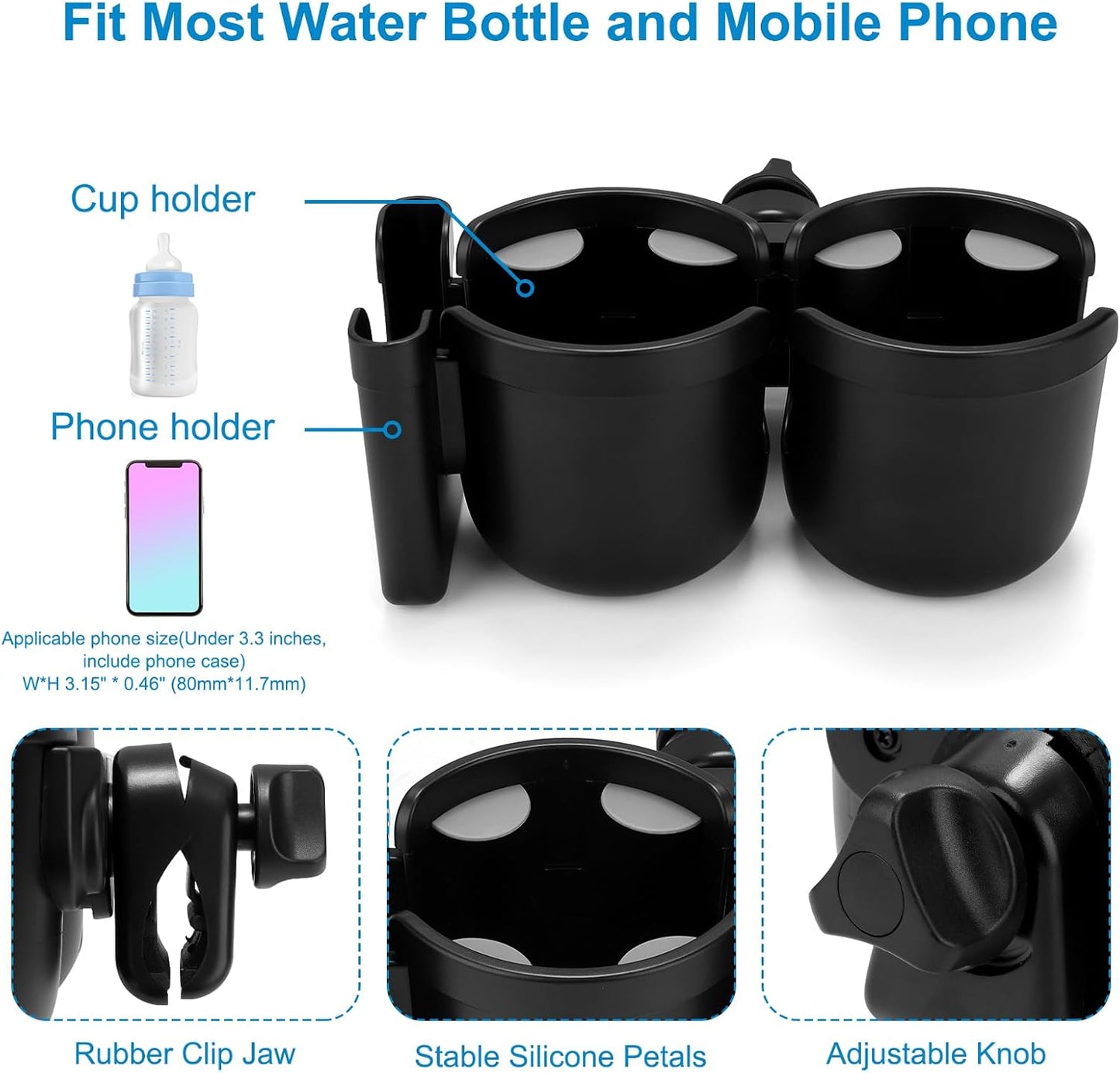 Accmor Stroller Cup Holder with Phone Holder, Bike Cup Holder, Universal Cup Holder for Uppababy Nuna Doona Strollers, 2-in-1 Cup Holder for Walker, Wheelchair, Scooter - Colors B