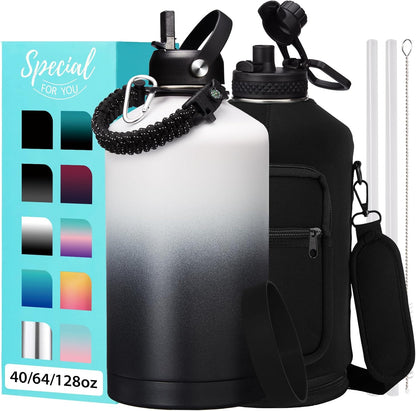 32/40/64OZ Insulated Water Bottle - Keep Cold 48H Hot 24H, Combo Straw/Spout Lids, Paracord Handle for Gym/Hiking, Carrier Bag +Strap, Cup Mat, BPA-Free Stainless Steel Flask Jug