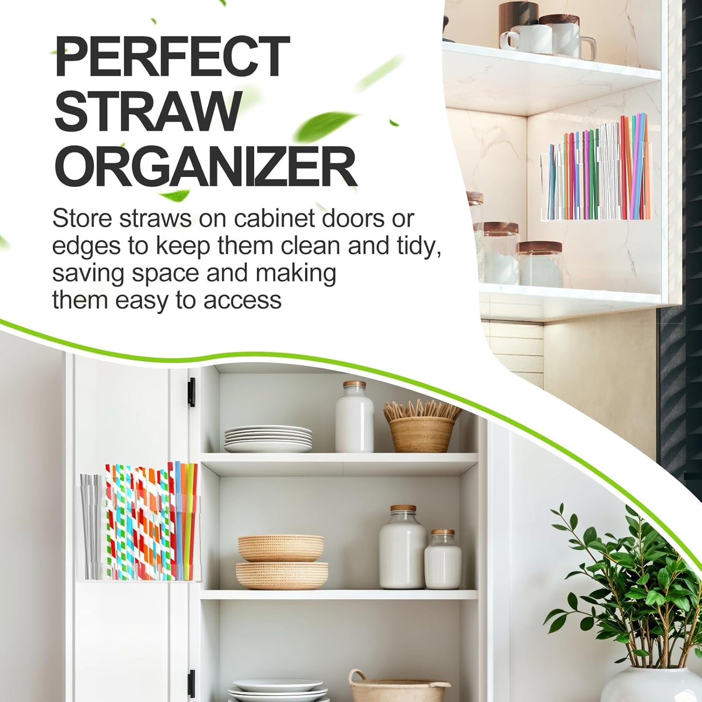 9.5” Large Acrylic Straw Holder for Cabinet Door with Detachable Ultra Sticky Adhesive Squares and Stickers, 2026 Reusable Straws Organizer Storage Dispenser for Kitchen Counter Cupboard