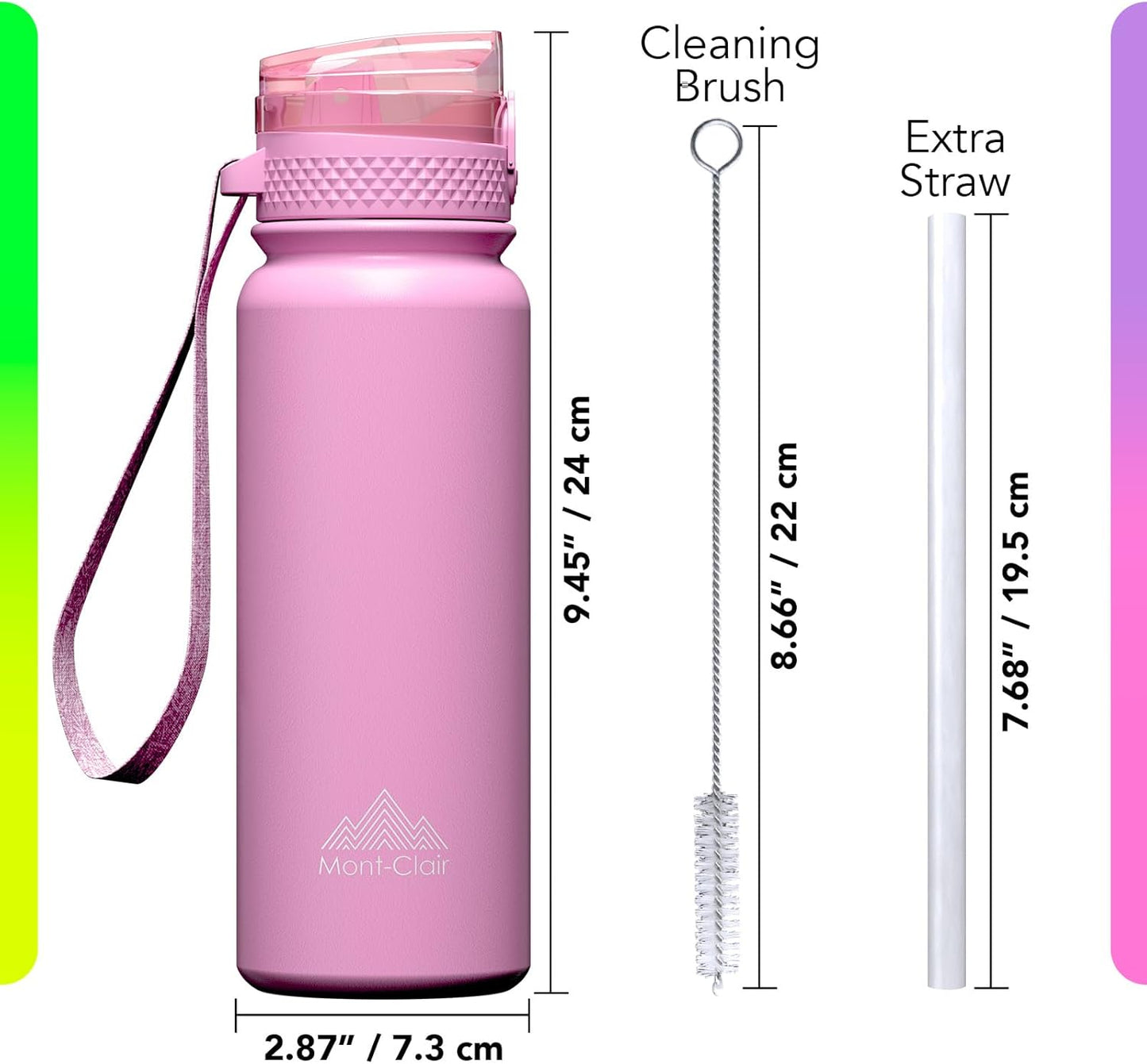 Mont-Clair Sport Water Bottle - 20oz Insulated Water Bottle with Straw - Patented Lid, BPA FREE, For Sports, Gym, Cycling, Bike - Quick Hydration - Black