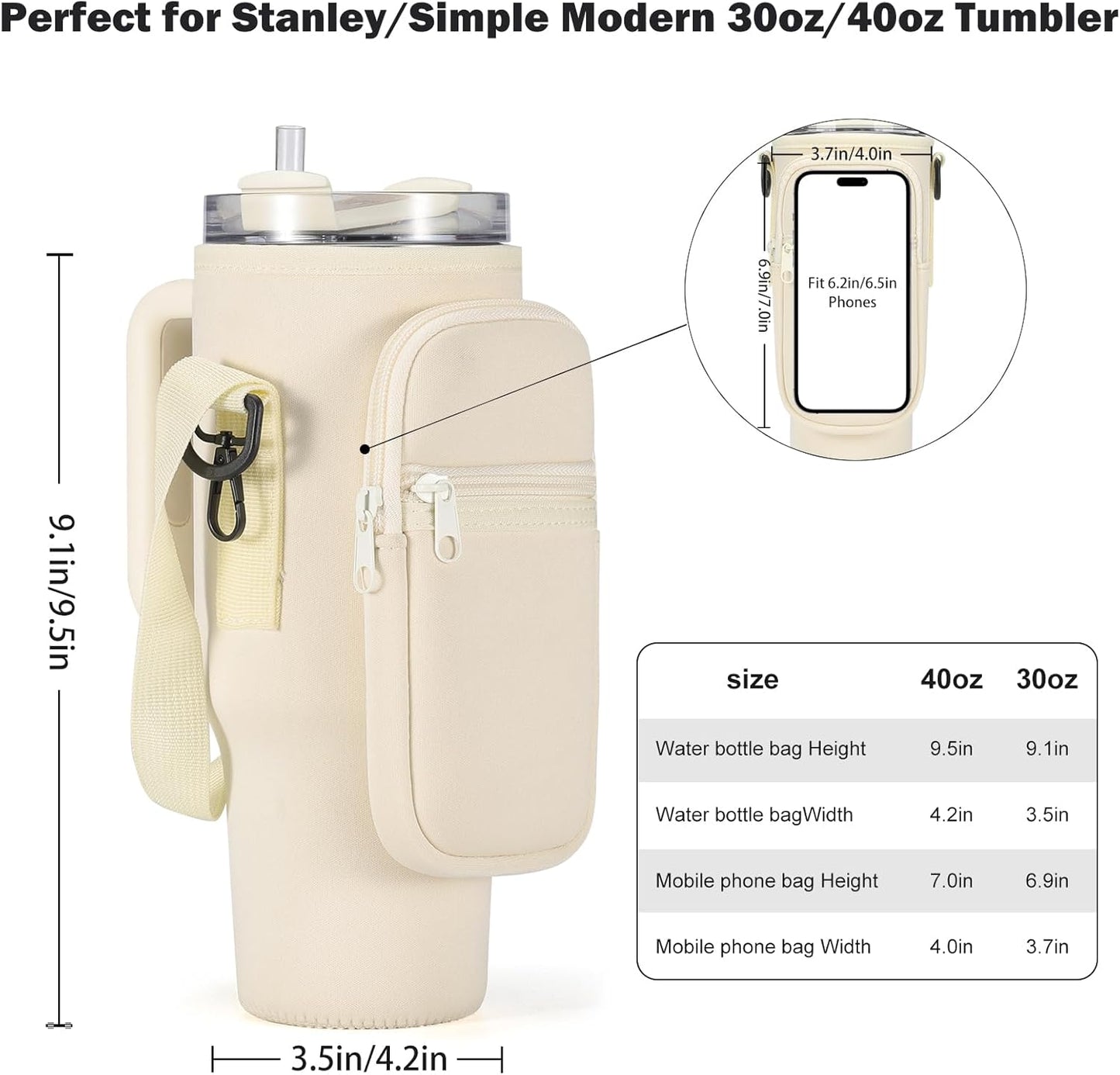 GOEWY Water Bottle Carrier Bag for Stanley 40/30 oz Tumbler with Phone Pocket Neoprene Water Bottle Holder with Shoulder & Handheld Strap Stanley Cup Accessories