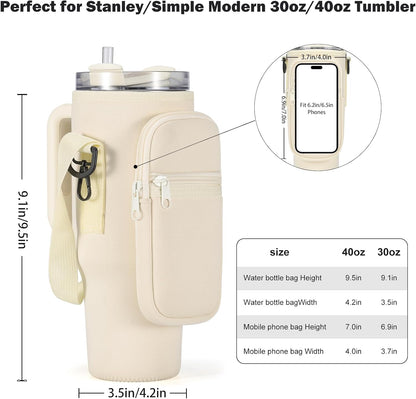 GOEWY Water Bottle Carrier Bag for Stanley 40/30 oz Tumbler with Phone Pocket Neoprene Water Bottle Holder with Shoulder & Handheld Strap Stanley Cup Accessories