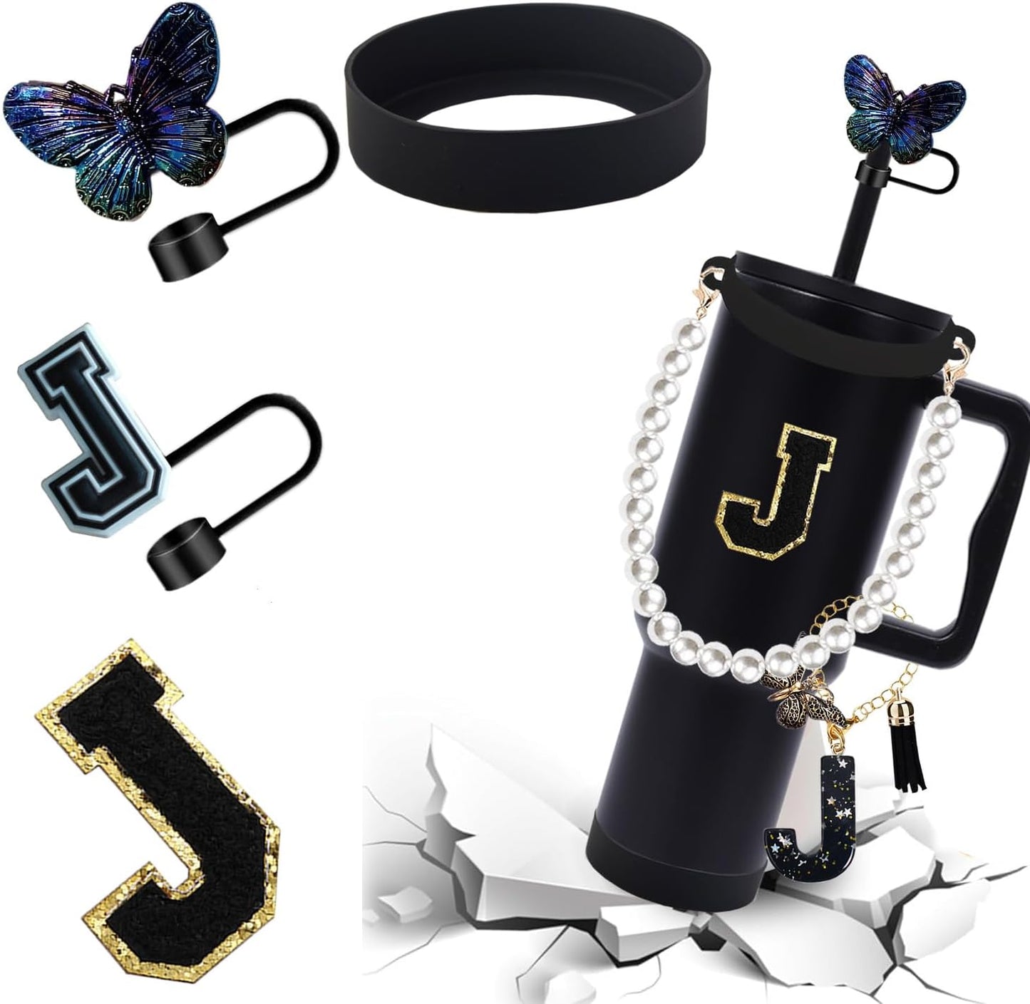 7pcs Cup Accessories for Stanley 30/40oz Tumbler, Handle Strap, Straw Cover, Silicone Boot, Letter Charm Stickers