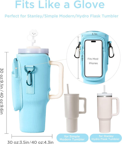 dabria Water Bottle Carrier Bag with Phone Pocket for Stanley 40/30 oz Tumbler Neoprene Water Bottle Holder Pouch with Adjustable Strap Bollus with Straw Cover for Stanley Cup Accessories