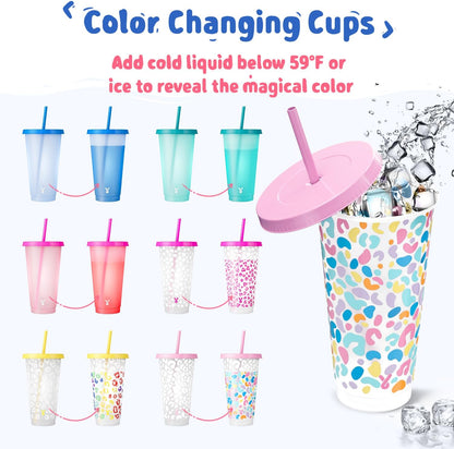 Meoky Plastic Cups with Lids and Straws - 6 Pack 24 oz Color Changing Cups, Iced Coffee Cups, Reusable Tumblers Bulk for Party, Car, Adults, Women, BPA-free (Solid & Patterned)