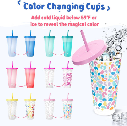 Meoky Plastic Cups with Lids and Straws - 6 Pack 24 oz Color Changing Cups, Iced Coffee Cups, Reusable Tumblers Bulk for Party, Car, Adults, Women, BPA-free (Solid & Patterned)