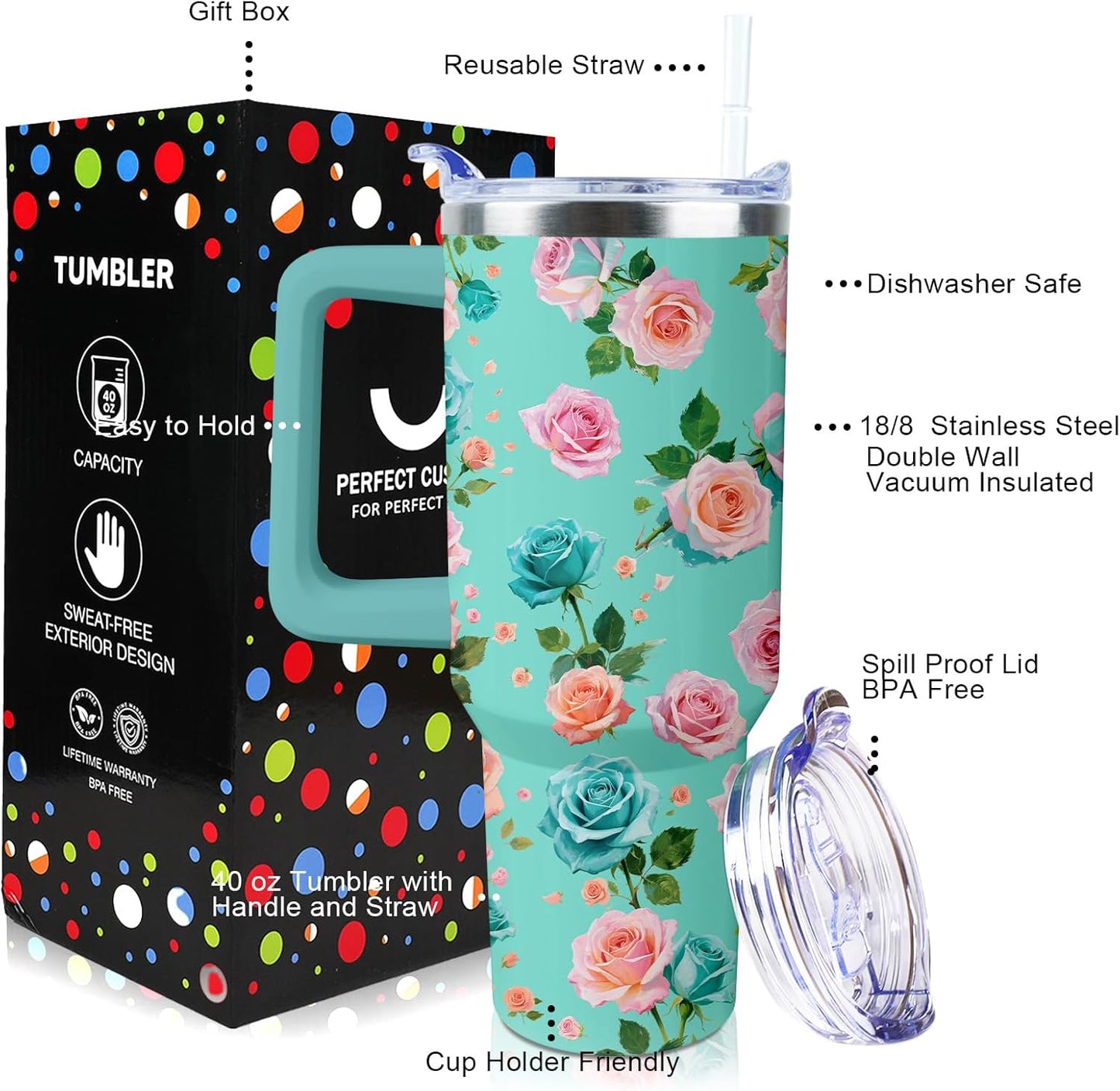 40 oz Tumbler with Handle and Straw Lid Leak Proof | You're Awesome Inspirational Mother's Day Birthday Gifts for Women Men Coworker Friends | Stainless Steel Cup Dishwasher Safe