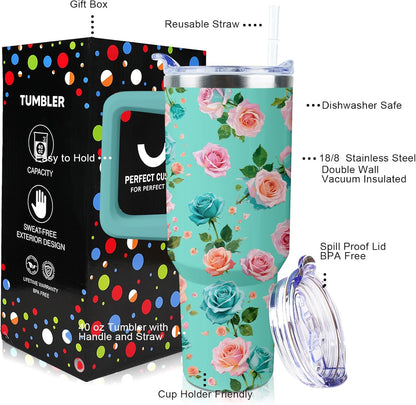 40 oz Tumbler with Handle and Straw Lid Leak Proof | You're Awesome Inspirational Mother's Day Birthday Gifts for Women Men Coworker Friends | Stainless Steel Cup Dishwasher Safe