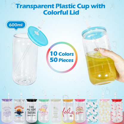 16oz Plastic Mason Jars, 6Pack Clear Mason Drinking Acrylic Cups with Lids and Stainless Steel Straws Iced Coffee Cups Shatterproof Unbreakable Tumblers for Smoothies, Beer, Coffee, Milk Tea, Colored