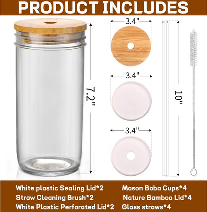 DWTS DANWEITESI Glass Cups with Lids and Straws,24 oz Smoothie Cup with Lid and Straw-Boba Mason Jar,Matcha Cup Wide Mouth Reusable Drinking Glasses,Iced Coffee Cups Glass,Vasos De Vidrio【4 Pack】