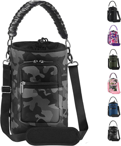AceTreker 32/40/64/128 oz Neoprene Insulated Water Bottle Carrier Bag, Sling Bag Sleeve Pouch Holder with Strap & Paracord Handle and 2 Pocket for Travelling, Hiking, Camping