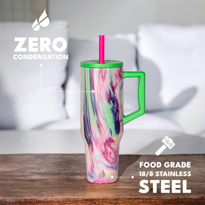 Elemental 32 oz 100% Leak Proof Tumbler with Handle & Straw - Stainless Steel Double Wall Insulated Tumbler for Hot and Cold Beverages - Travel Coffee Mug with Sip & Straw Lid - White - Colors B