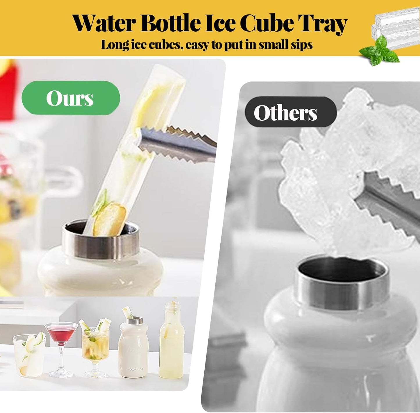 24 Pcs Water Bottle Ice Cube Trays for Freezer with Lid, Long Ice Cubes Narrow Mold Freezer Containers Flexible, Dishwasher Safe, Easy Release for Sports, Soda, Bottled Beverages(Yellow-24Pcs)