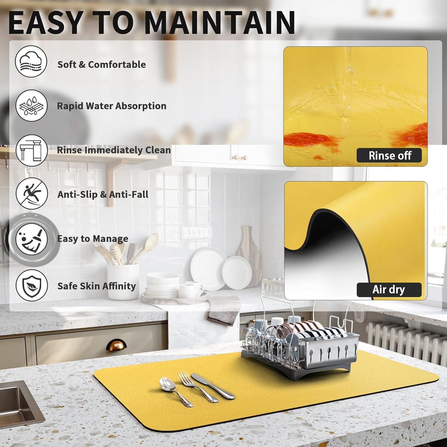 HotLive Dish Drying Mat for Kitchen Counter, Heat Resistant Drainer Mats with Non-slip Rubber Backed, Hide Stain Kitchen Super Absorbent Draining Mat, Easy to Clean Dish Rack Pad, Dark Grey 16"x18"