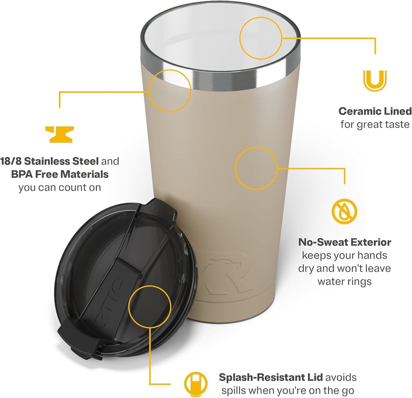RTIC 16oz Essential Pint Tumbler with Lid, Ceramic Lined, Insulated, Stainless Steel, Metal, Double Wall Vacuum-Insulation, Portable Travel Cup for Beer, Iced Coffee, Tea, Hot and Cold Drink, Olive