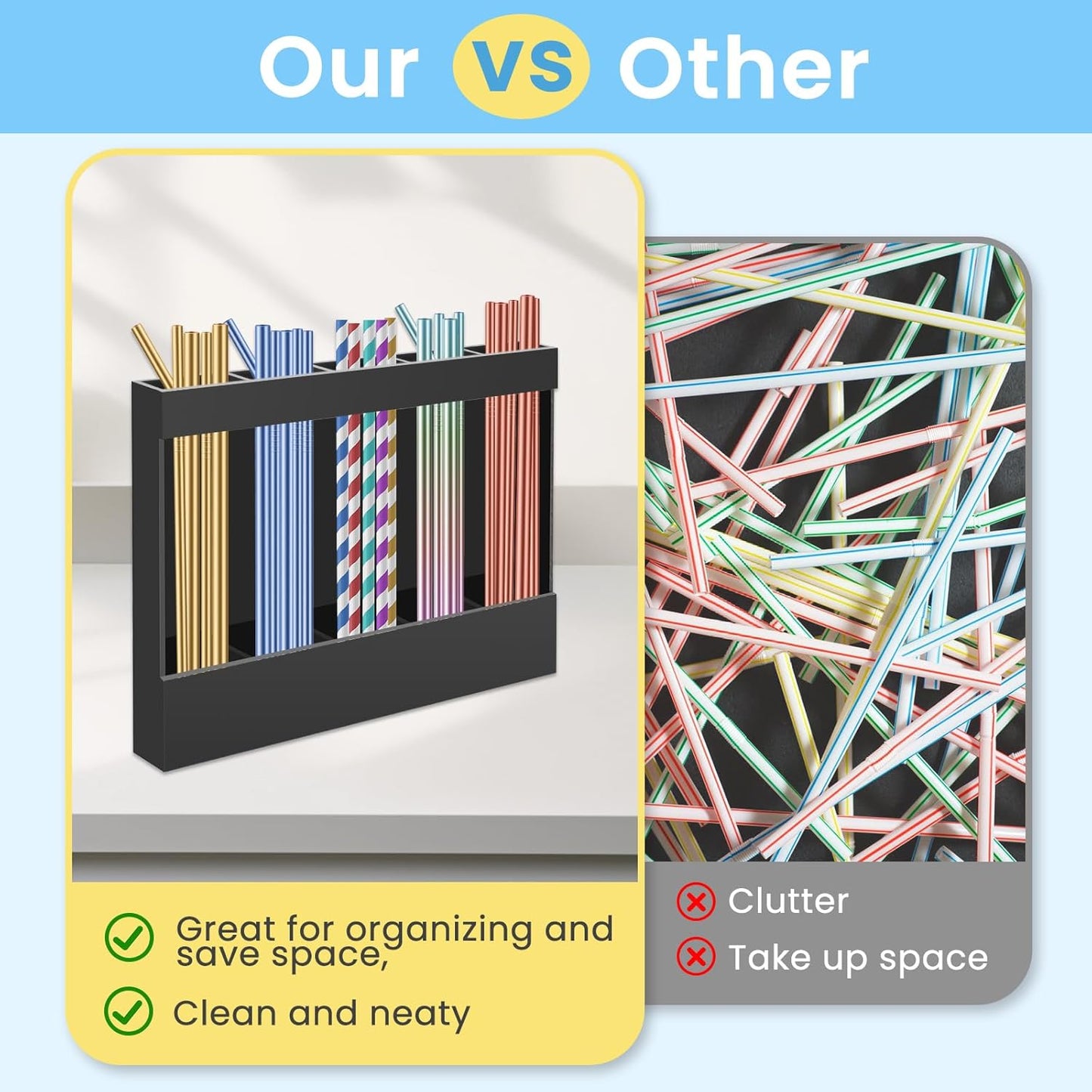 Acrylic Straw Holder for Cabinet, Reusable Straw Organizer with Double Sided Adhesive Tape Tumbler Straws Storage Container for Cupboard Drinking Straws Dispenser for Kitchen Counter (Transparent)