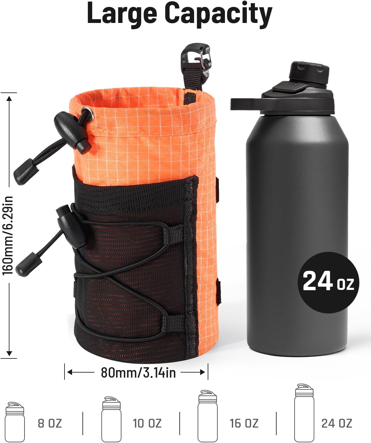 Water Bottle Holder Pouch with Hook Buckle, Backpack Water Bottle Holder Mesh Bag Carrier Fits for 8-24oz Bottles for Hiking, Running, Travel, Outdoor Backpack Accessories & Attachments