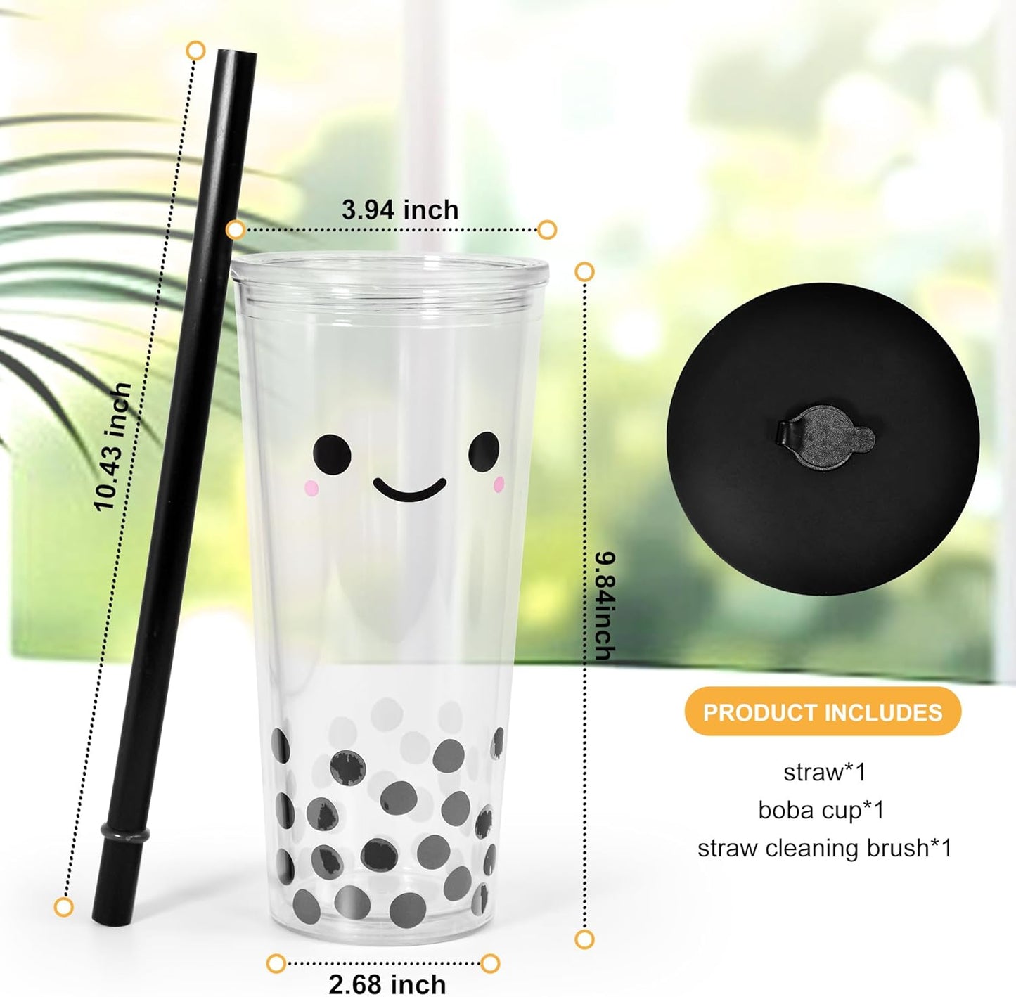 sweet grain Reuasble Boba Cup, 24 oz 100% Leak Proof and Double Wall Insulated Iced Coffee Tumbler with Reusable Plastic Straws and Straw Cleaner(Sky Blue)