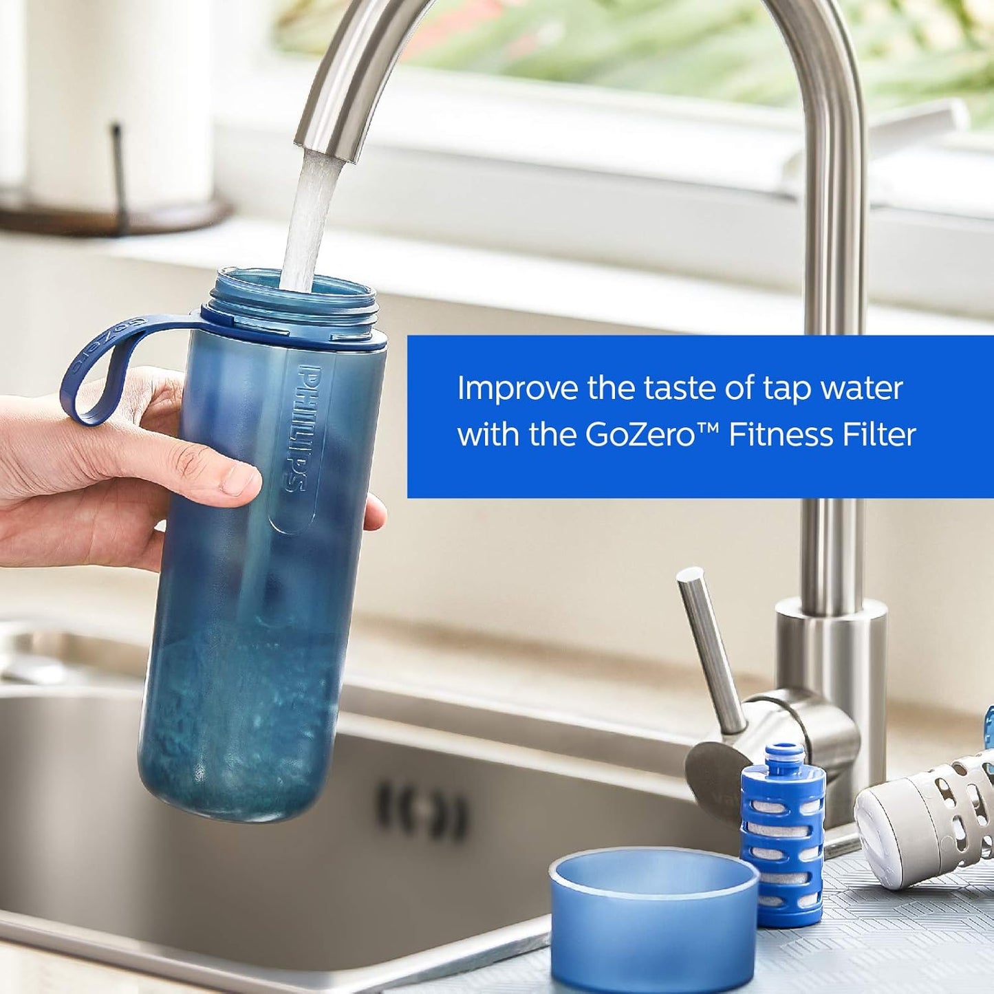 Philips Water GoZero Active BPA-Free Water Bottle with Fitness Tap Water Filter, Sport Squeeze Water Bottle, Lightweight, 24 oz with Fitness Filter, Plum