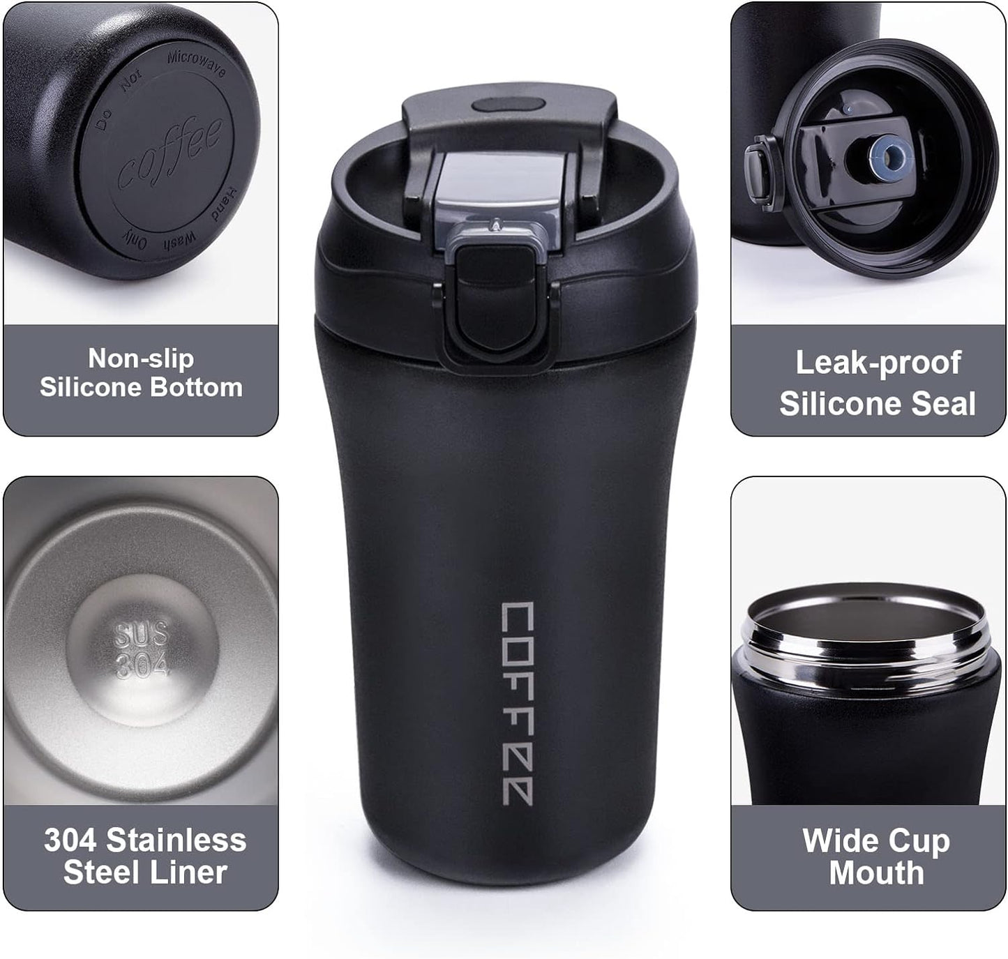 14 oz Travel Coffee Mug, 2 Pack Vacuum Insulated Coffee Travel Mug Spill Proof with Lid and Straw, Stainless Steel Reusable Coffee Tumbler for Hot and Cold Drinks, Gift for Men and Women(Black Grey)