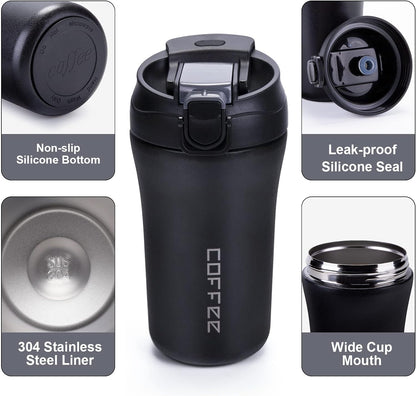 14 oz Travel Coffee Mug, 2 Pack Vacuum Insulated Coffee Travel Mug Spill Proof with Lid and Straw, Stainless Steel Reusable Coffee Tumbler for Hot and Cold Drinks, Gift for Men and Women(Black Grey)
