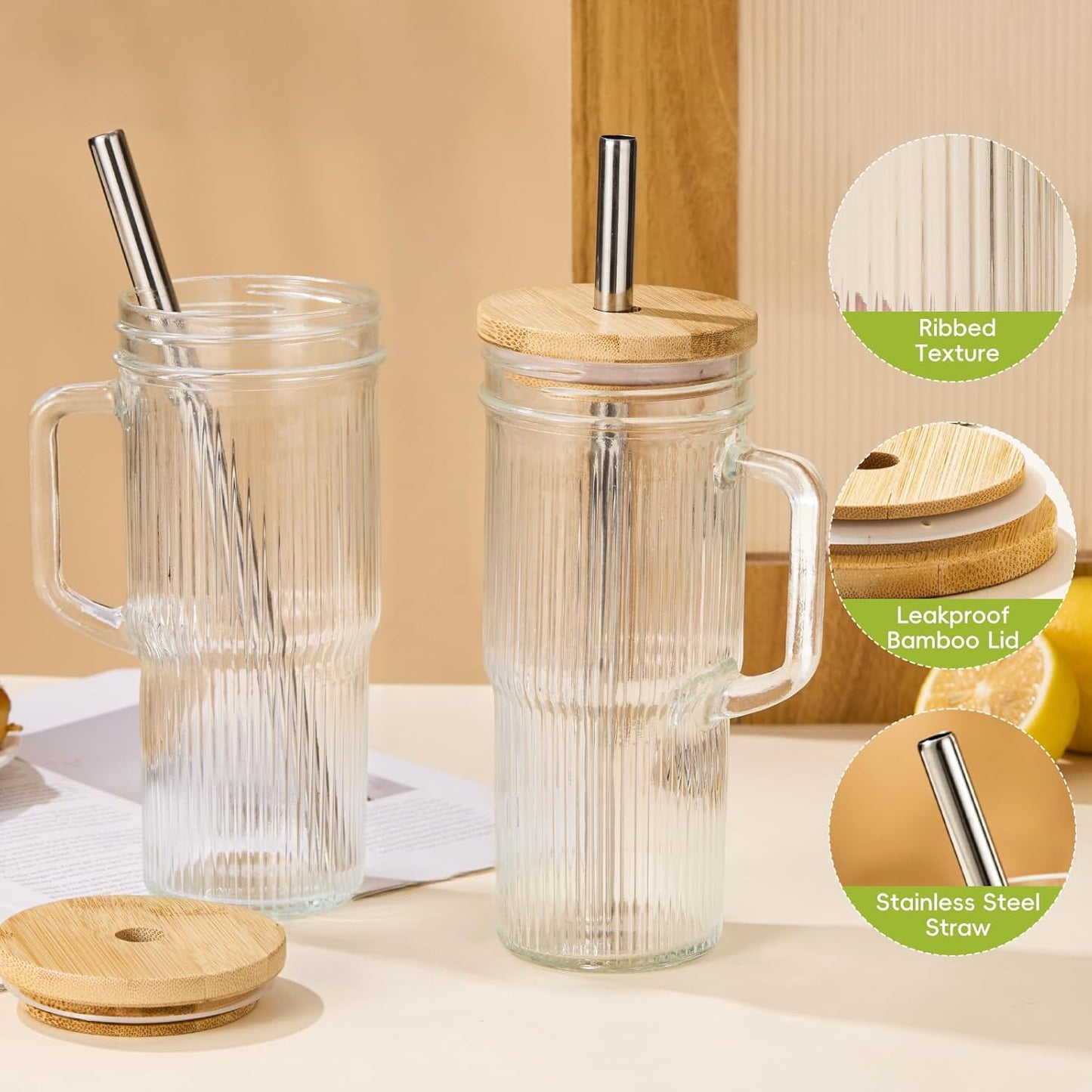 JunVpic Glass Cups with Lids and Straws,24oz Glass Tumbler with Handle Iced Coffee Cup for Coffee,Juice,Tea,Milk,Smoothie,Hot & Cold Drinks (Pink)