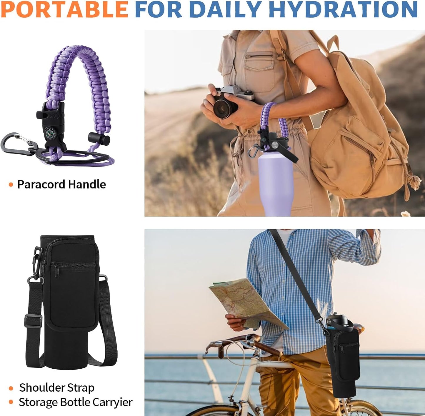 Insulated Water Bottle 40 oz - Fits in any Car Cup Holder, Keep Cold 48H Hot 24H, Stainless Steel Waterbottle Double Wall Flask with Straw, Pop-up Spout Lid, Paracord Handle, Carrier Bag