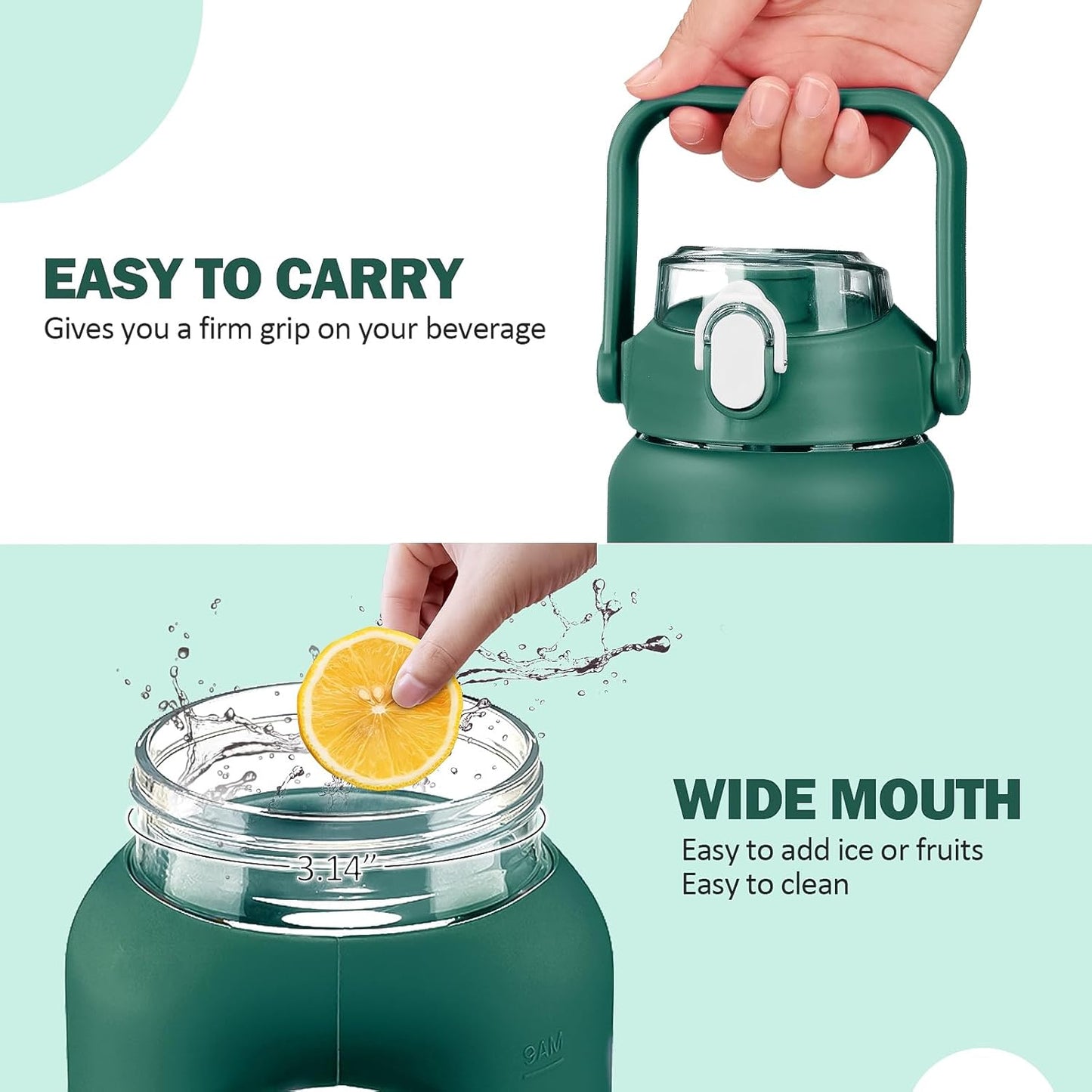 64oz Glass Water Bottles with Straw, Half Gallon Motivational Glass Bottle with Silicone Sleeve and Time Marker, 2L Leakproof Large Glass Water Jug for Gym Home Office,olive