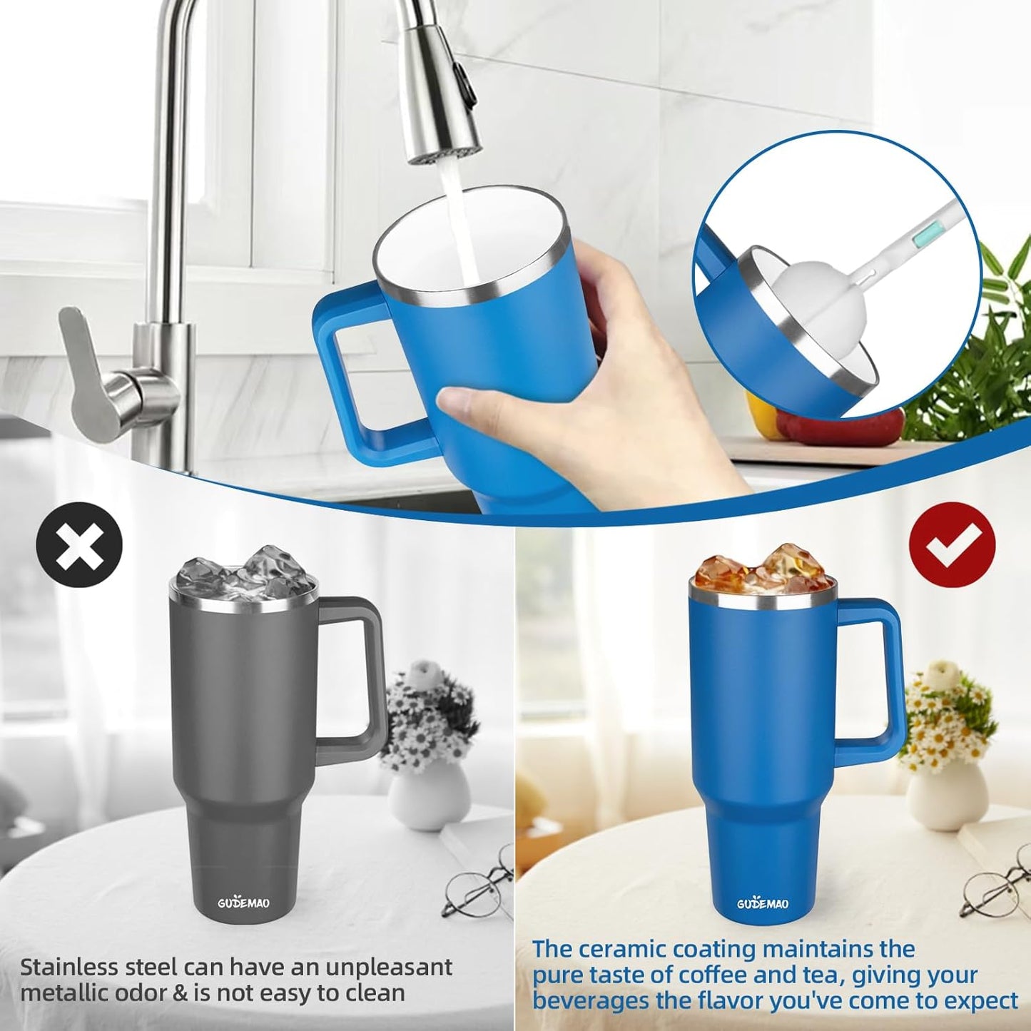 20 oz Insulated Coffee Mug with Ceramic Coating, Stainless Steel Travel Mug Tumbler with Handle Lid and Straw, Double Wall Leak-Proof Coffee Travel Mug Keeps Drink Hot and Cold (Black)