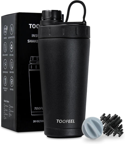 TOOFEEL Protein Shaker Bottle 20 oz - Double Walled Insulated Vacuum Cup for Protein Shakes, Keeps Cold/Hot, Metal Stainless Steel, Preworkout Gym