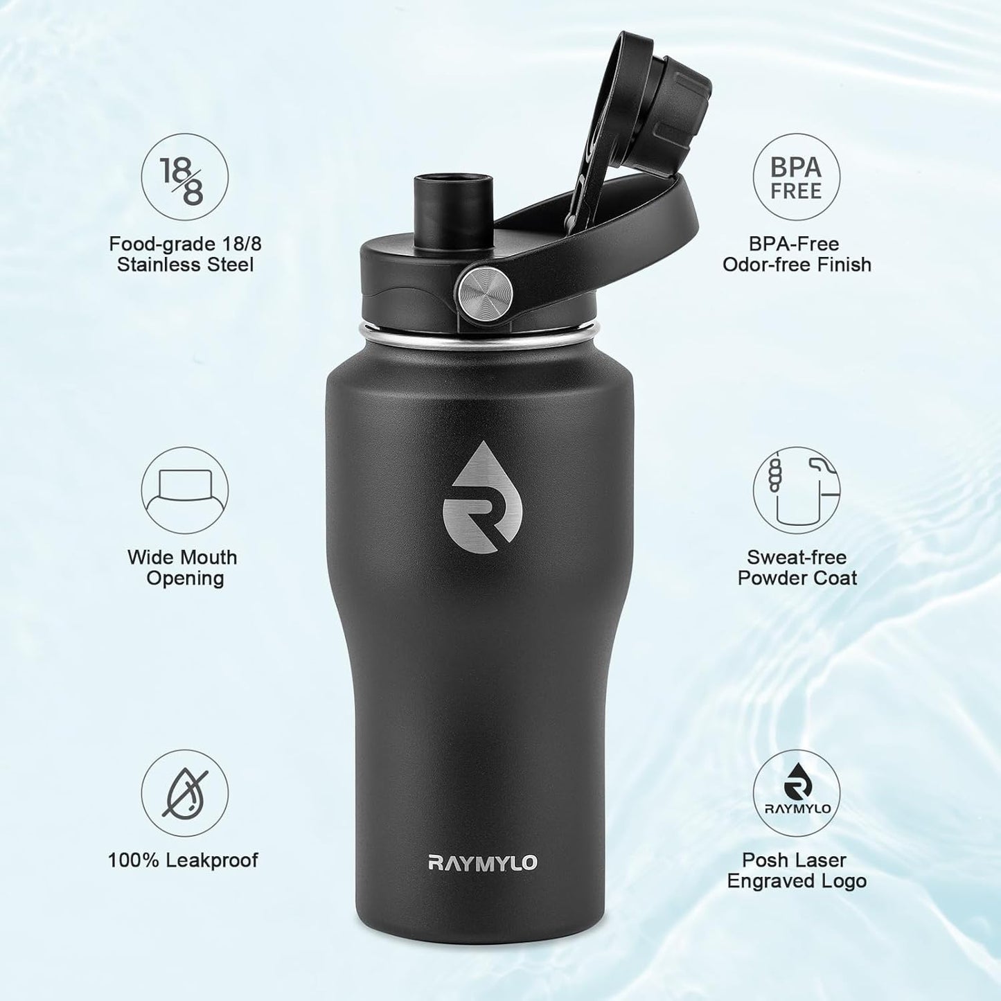 RAYMYLO 40 oz Insulated Water Bottle with Straw fit in Car Cup Holder, Triple Wall Vacuum Stainless Steel(Cold 48 hrs, Hot 24 hrs), Leakproof & Non-BPA, Hydro Travel Flask with Straw and Spout Lid