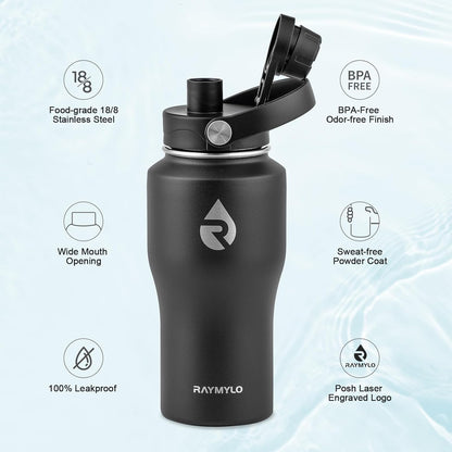 RAYMYLO 40 oz Insulated Water Bottle with Straw fit in Car Cup Holder, Triple Wall Vacuum Stainless Steel(Cold 48 hrs, Hot 24 hrs), Leakproof & Non-BPA, Hydro Travel Flask with Straw and Spout Lid