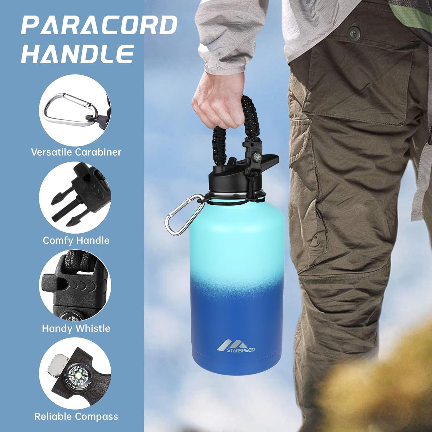 StarSpeed 32oz Insulated Water Bottle with Straw Lid, Stainless Steel Double Walled Vacuum Water Flask, Wide Mouth Sports Water Bottle for Gym Camping Hiking, Indigo Black