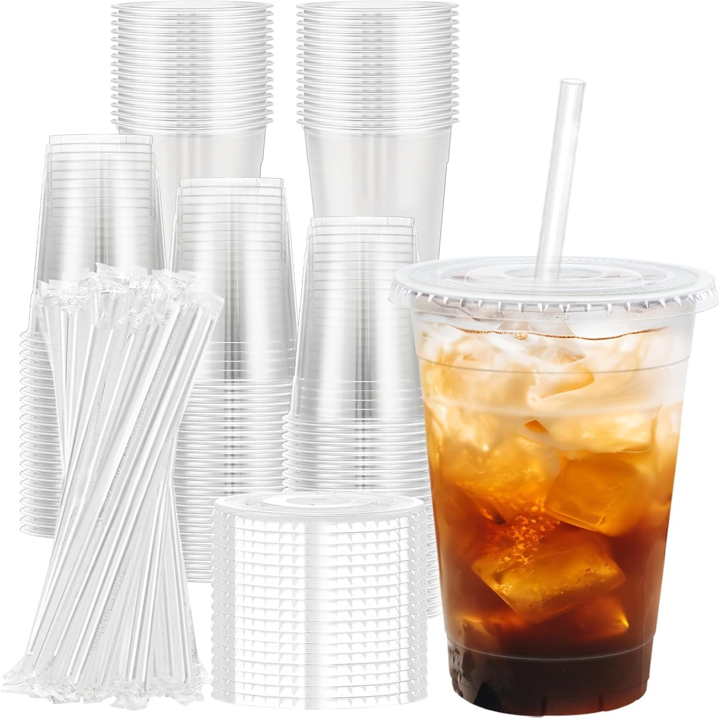Lamosi 100 Pack 20 oz Clear Plastic Cups with Lids and Straws, Disposable Iced Coffee Cups with Lids for To-Go Cold Drinks, Smoothies and Slushie