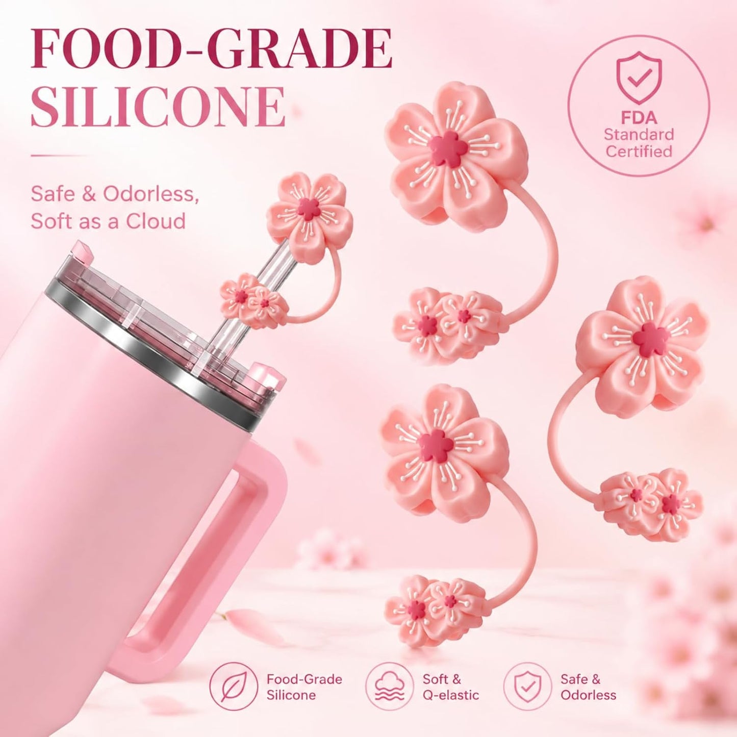 BTYHAOS Silicone Straw Caps for 10mm Tumblers | Reusable Dust-Proof Straw Toppers Compatible with Stanley 30oz & 40oz Tumblers (Purple Flower 3pc)
