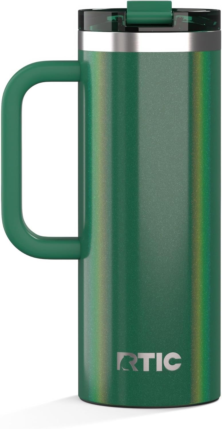 RTIC 20oz Road Trip Travel Mug with Lid and Handle, Ceramic Lined, Insulated, Stainless Steel, Metal, Double Wall Vacuum-Insulation, Portable Coffee, Tea Cup for Hot and Cold Drink, Black