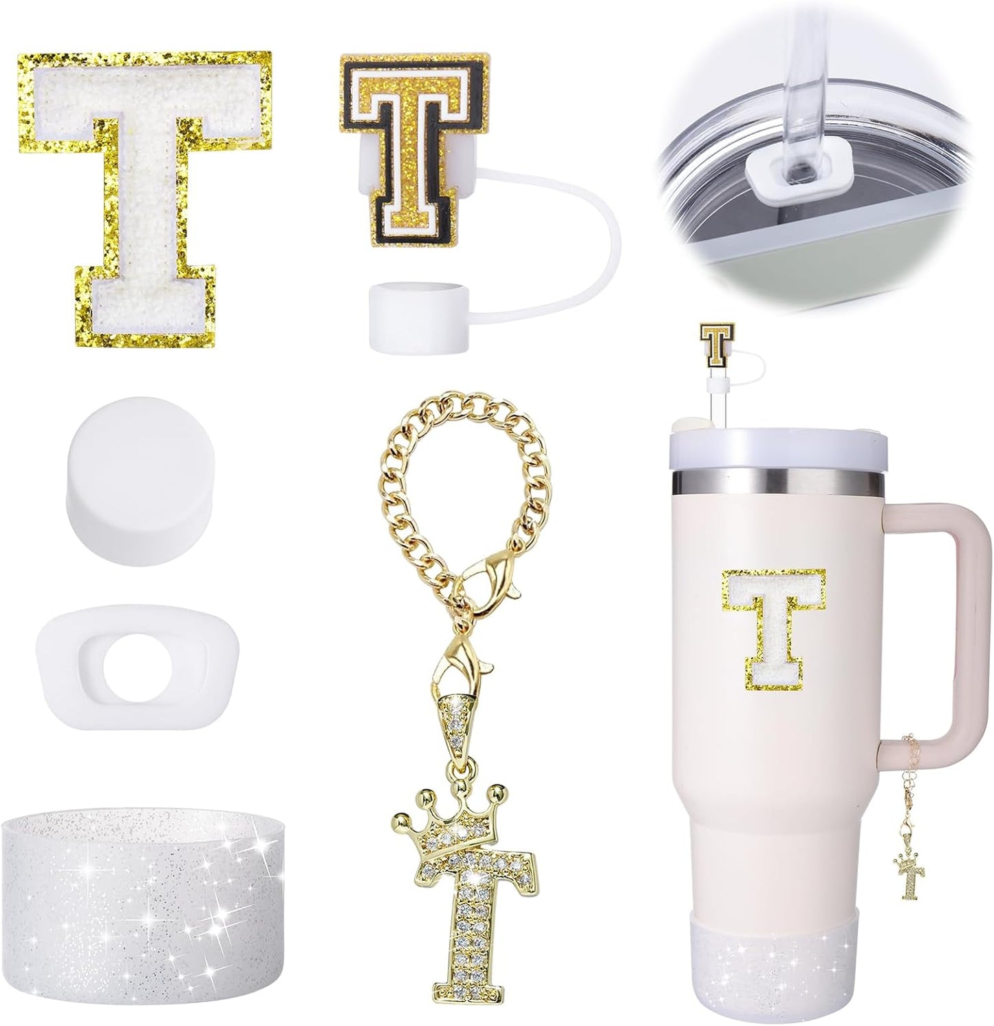 Mity Rain 6pc Cup Accessories Set for Stanley 30 oz & 40 oz Tumbler with Handle, Including Straw Cover Cap, Cup Initials Charm, Silicone Boot, Round & Square Spill Proof Stopper