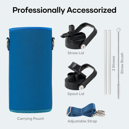 BUZIO 40oz Insulated Water Bottle, Triple Wall Vacuum Stainless Steel Water Flask with 2 lids, Lead-Free BPA-Free Straw Lid Sports Canteen Jug, Cold 48H & Hot 24H- Black - Colors B