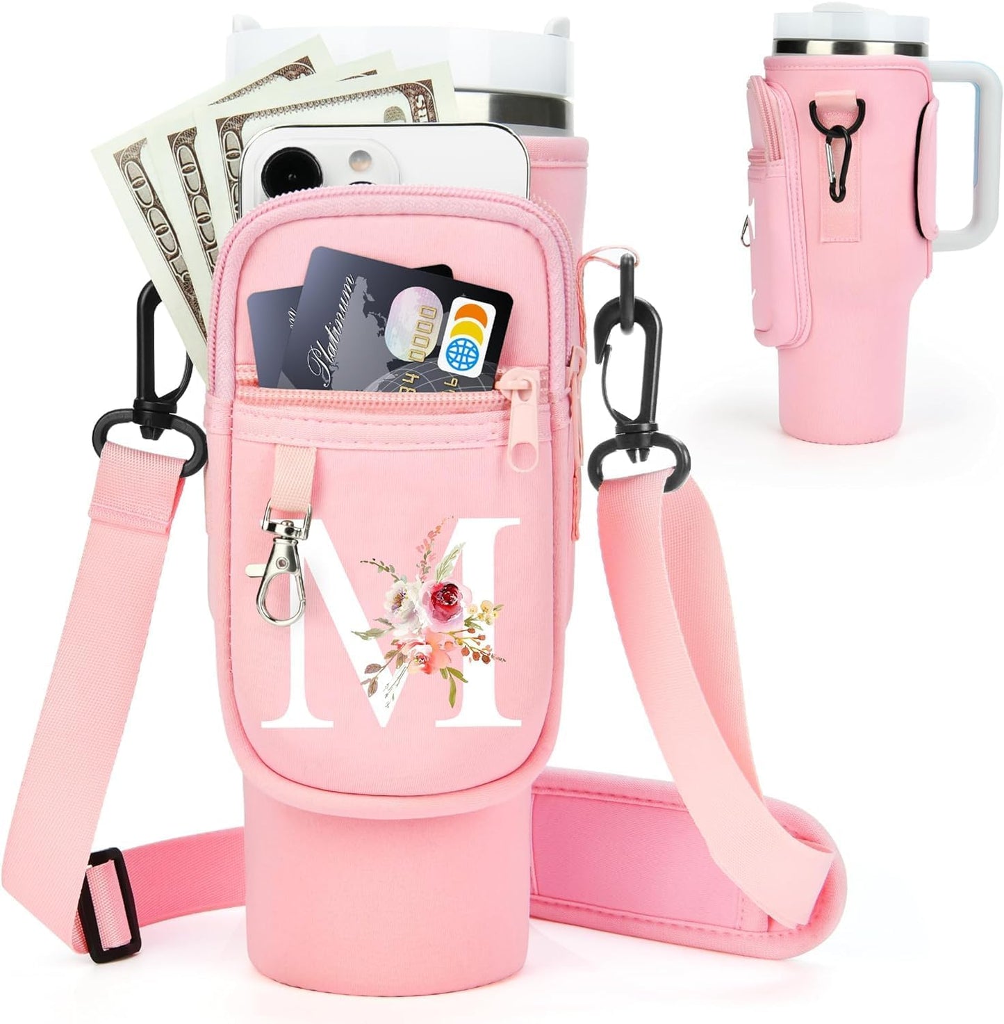 Initial Water Bottle Holder with Strap for Stanley Cup Accessories 40 oz/Simple Modern Tumbler, Birthdays for Women Girls, Water Bottle Carrier Bag with Phone Pocket,Hiking Walking Gym Camping